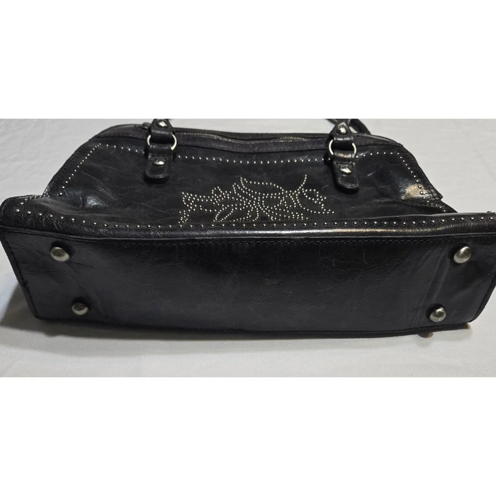 Patricia Nash Studded Distressed Glaze Calvi Satchel Black Leather Lined Zip Up
